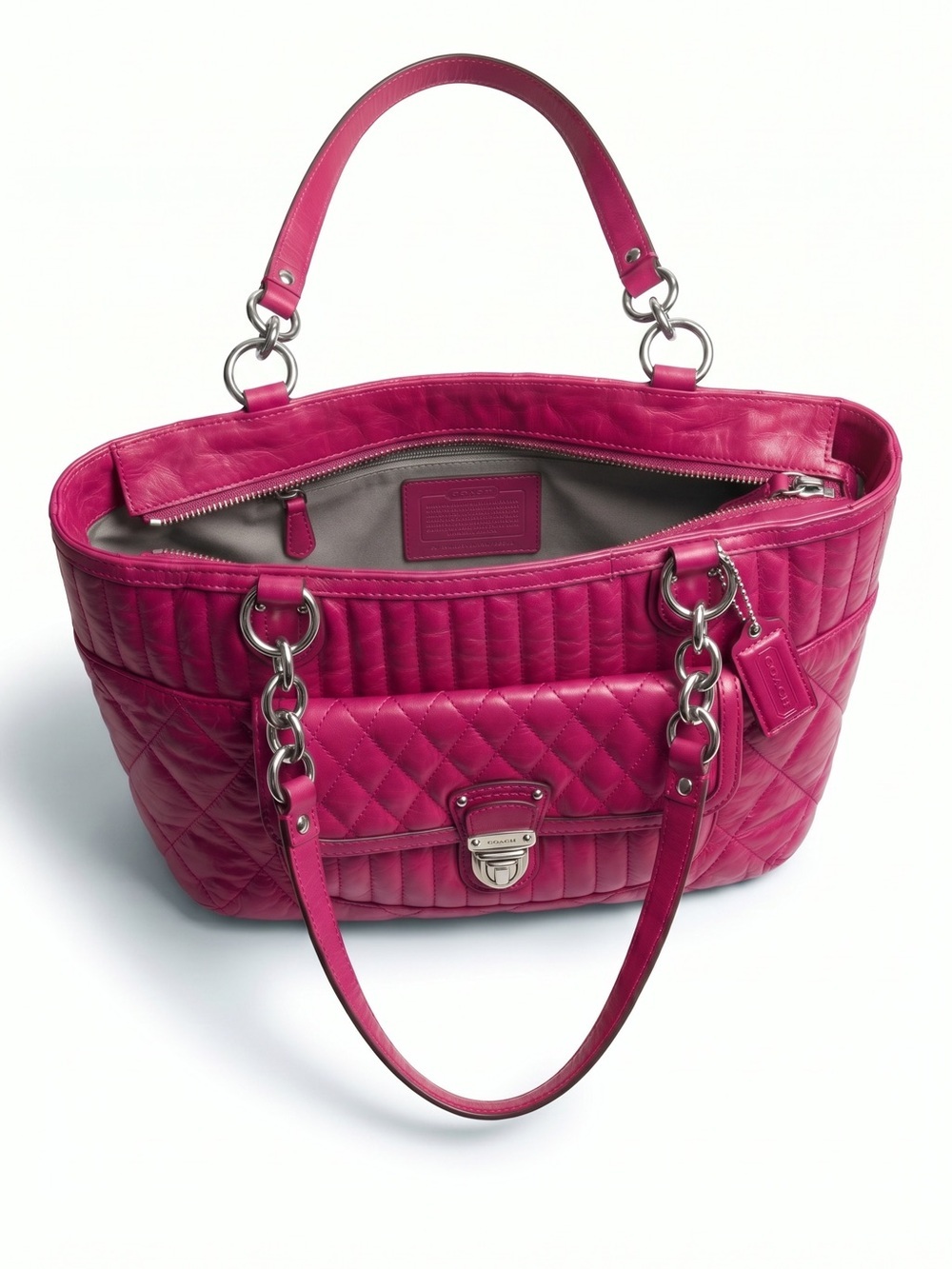 バッグ Coach Madison Maggie Tote Leather Pink Coach Madison Maggie 19857 Fuchsia Pink Quilted Leath… - Gem